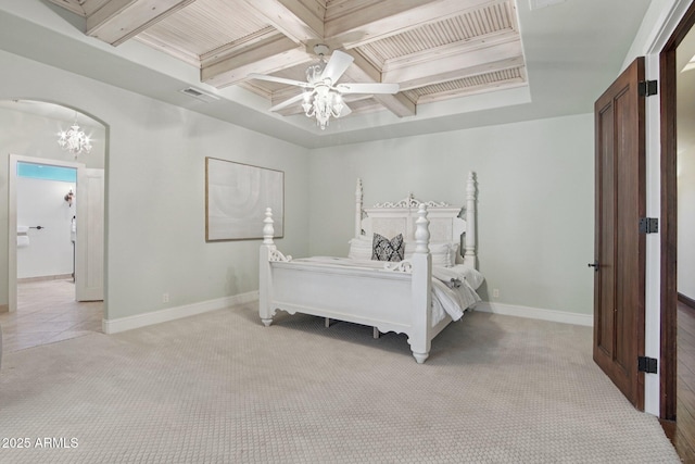 1330 N 40th St Unit 1, Mesa, AZ 85205 - bedroom with light carpet, beam ceiling, a ceiling fan, coffered ceiling, and a chandelier