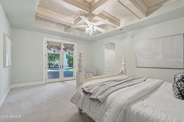 1330 N 40th St Unit 1, Mesa, AZ 85205 - carpeted bedroom featuring access to outside, french doors, beam ceiling, coffered ceiling, and a ceiling fan