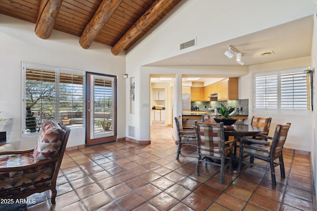 tiled dining room featuring wood ceiling, visible vents, vaulted ceiling with beams, and baseboards