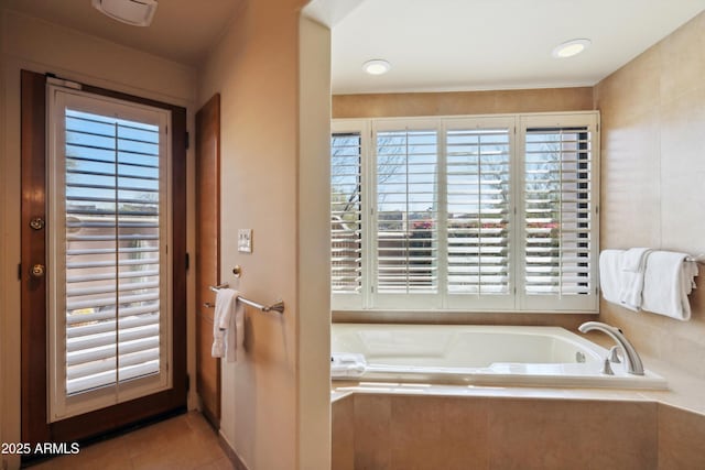 full bath with tile patterned flooring, visible vents, and a bath