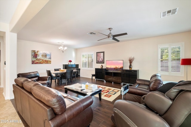 4032 S Santa Rita Pl, Chandler, AZ 85249 - living area with a chandelier, a ceiling fan, wood finished floors, and baseboards