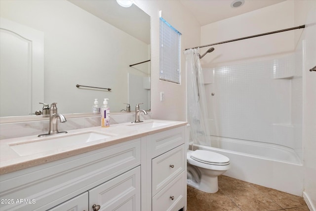 4032 S Santa Rita Pl, Chandler, AZ 85249 - bathroom featuring double vanity, shower / tub combo with curtain, and toilet