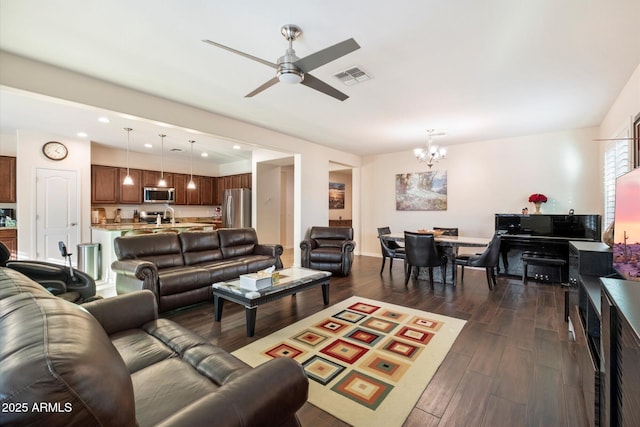 4032 S Santa Rita Pl, Chandler, AZ 85249 - living area with a chandelier, ceiling fan, dark wood finished floors, and recessed lighting