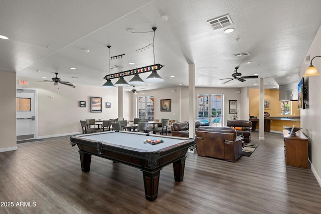 recreation room featuring visible vents, billiards, and wood finished floors