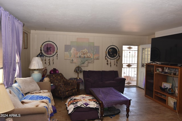 living room featuring wood-type flooring and a textured ceiling