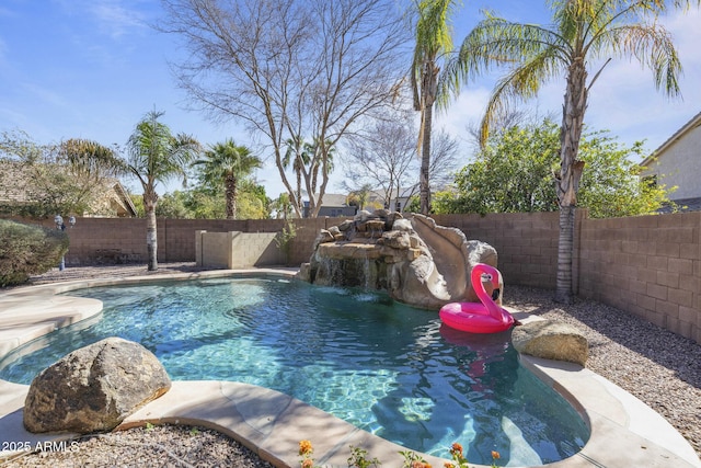 view of pool featuring a fenced backyard and a fenced in pool