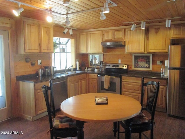 kitchen featuring dark wood finished floors, stainless steel appliances, wood ceiling, a sink, and under cabinet range hood