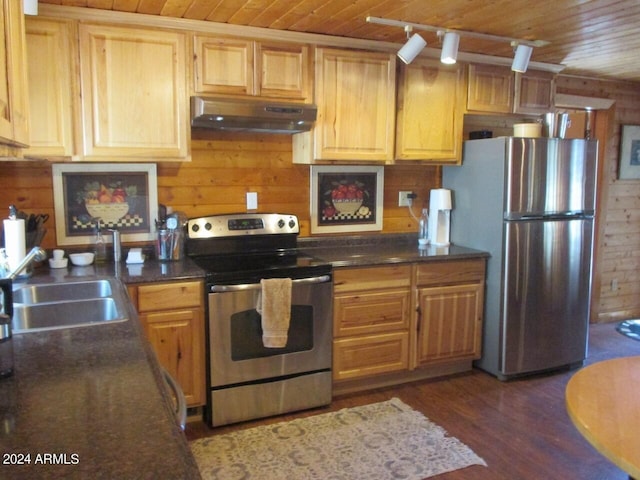 kitchen with wooden ceiling, under cabinet range hood, stainless steel appliances, and a sink