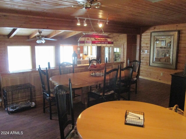 dining space with wooden ceiling, wooden walls, beam ceiling, and wood finished floors