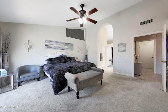 11446 N 109th St, Scottsdale, AZ 85259 - carpeted bedroom featuring arched walkways, lofted ceiling, and ceiling fan
