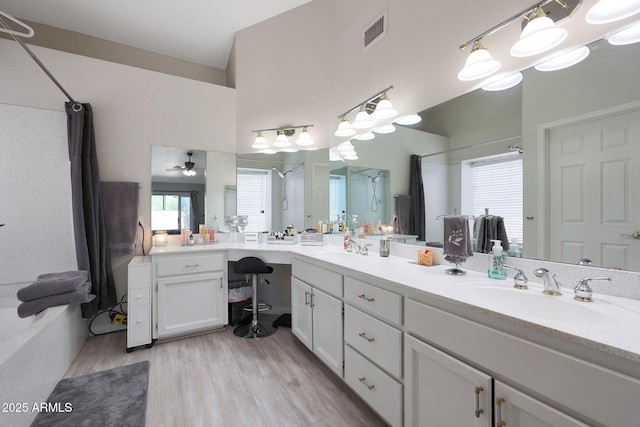 11446 N 109th St, Scottsdale, AZ 85259 - full bath with a shower with curtain, double vanity, and wood finished floors