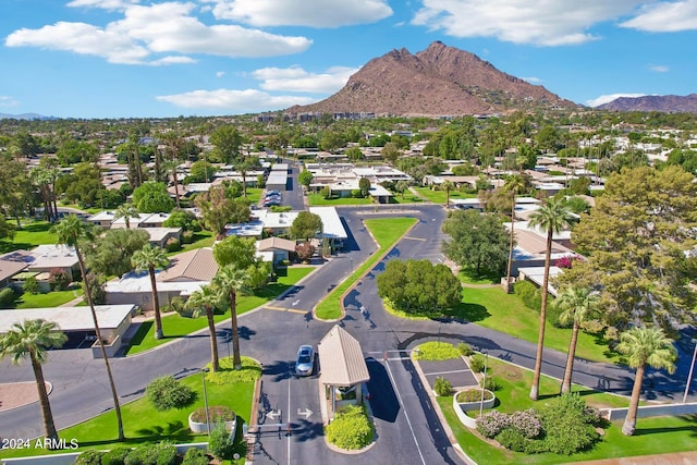 drone / aerial view featuring a mountain view