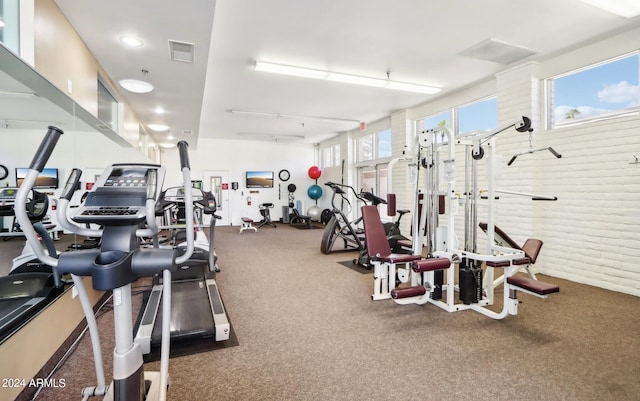 exercise room with carpet floors, plenty of natural light, and brick wall