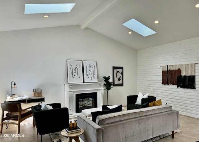 living room with lofted ceiling with beams