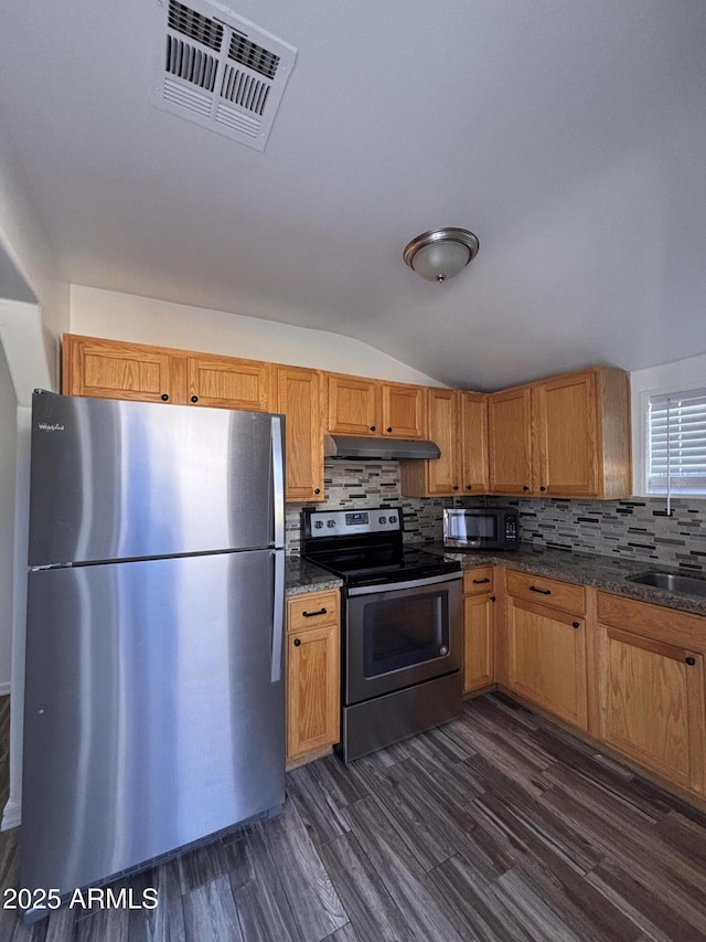 kitchen with stainless steel appliances, dark hardwood / wood-style floors, sink, and decorative backsplash