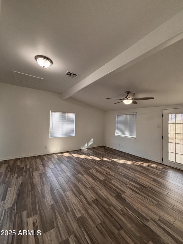 unfurnished room with lofted ceiling with beams, dark hardwood / wood-style floors, and ceiling fan