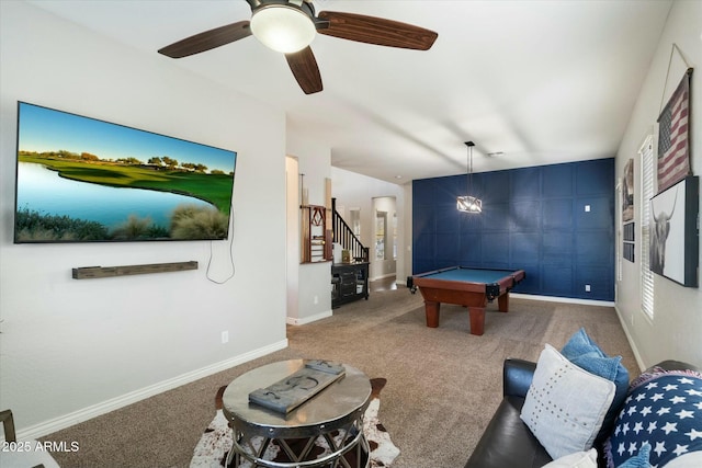 recreation room featuring ceiling fan, pool table, and carpet floors