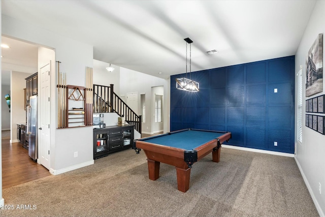 playroom with carpet and billiards