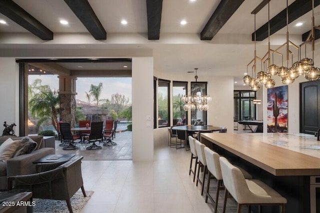 26285 N 89th St, Scottsdale, AZ 85255 - dining room with beam ceiling, a chandelier, plenty of natural light, light tile patterned floors, and recessed lighting