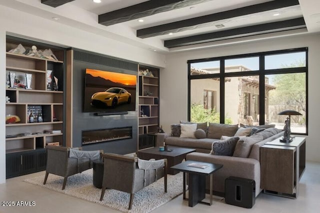 26285 N 89th St, Scottsdale, AZ 85255 - living room with a glass covered fireplace, beam ceiling, recessed lighting, and built in features