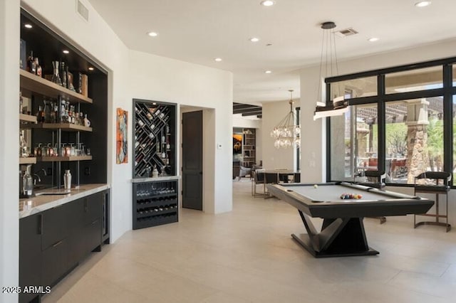26285 N 89th St, Scottsdale, AZ 85255 - playroom featuring bar with sink, billiards, recessed lighting, wine cooler, and a chandelier