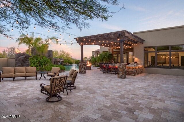 26285 N 89th St, Scottsdale, AZ 85255 - view of patio featuring an outdoor hangout area, a pergola, an outdoor pool, and area for grilling