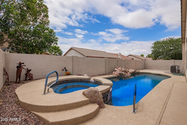 10001 W Potter Dr, Peoria, AZ 85382 - view of swimming pool featuring a fenced backyard, central air condition unit, a patio, and a pool with connected hot tub