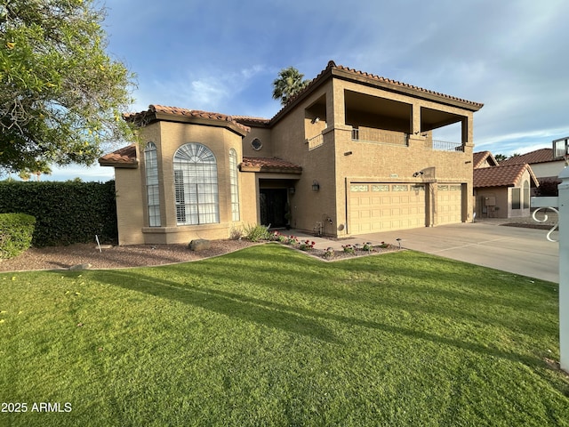 mediterranean / spanish-style home featuring a tile roof, an attached garage, a balcony, stucco siding, and driveway