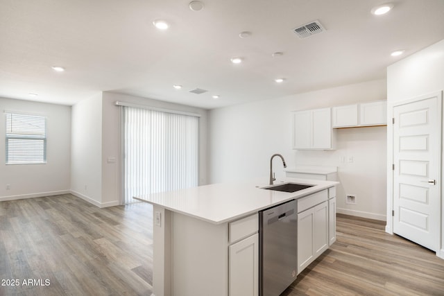 kitchen with sink, stainless steel dishwasher, white cabinets, and a center island with sink