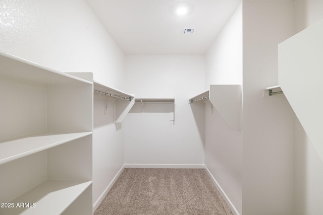 walk in closet featuring light colored carpet