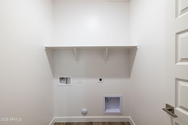 laundry room with hookup for an electric dryer, hookup for a gas dryer, hookup for a washing machine, and hardwood / wood-style floors