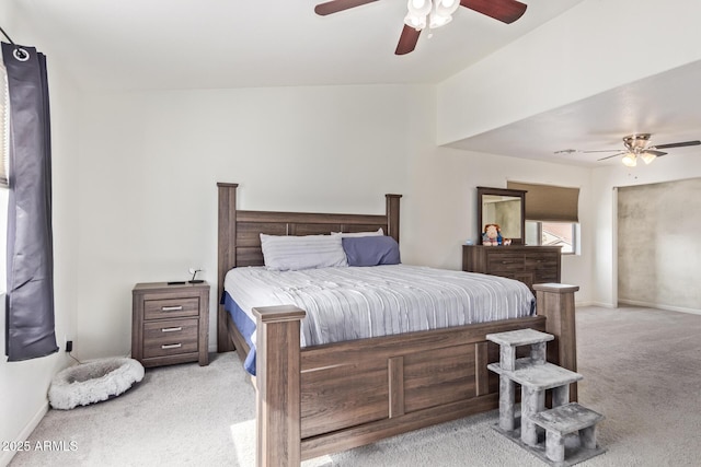 bedroom with light carpet and ceiling fan