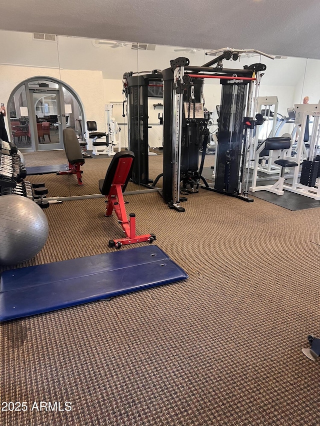 workout area with carpet flooring and visible vents