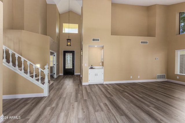 entryway with wood-type flooring, high vaulted ceiling, and sink