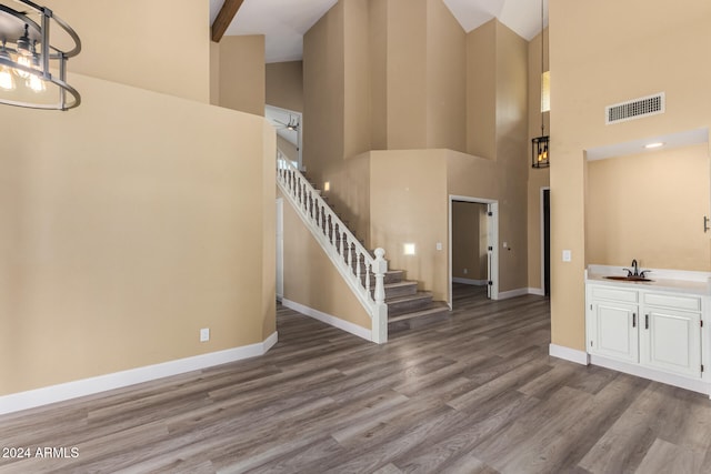 entrance foyer featuring light hardwood / wood-style flooring, high vaulted ceiling, and sink