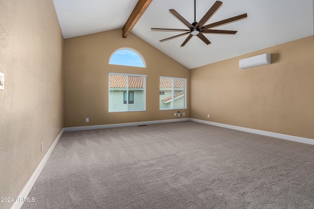 carpeted spare room with vaulted ceiling with beams, ceiling fan, and a wall mounted air conditioner