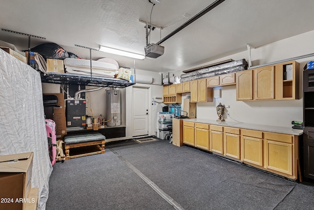 garage with heating unit, water heater, and a garage door opener