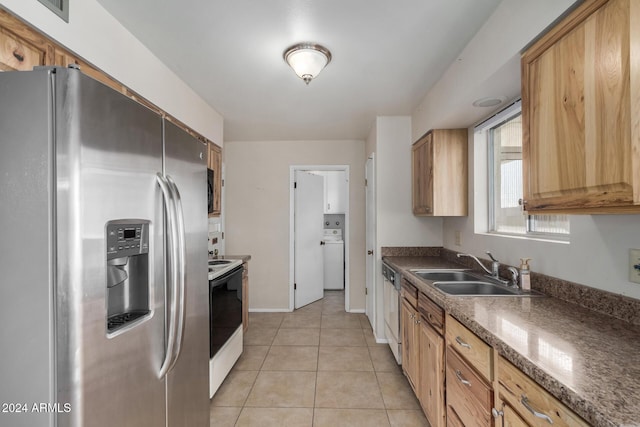 kitchen with stainless steel fridge, dishwashing machine, sink, white range with electric cooktop, and light tile patterned flooring