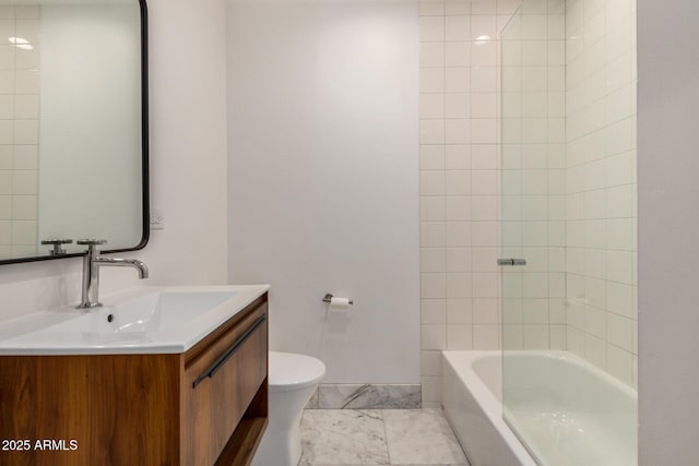 full bath with marble finish floor, shower / bathtub combination, toilet, vanity, and baseboards