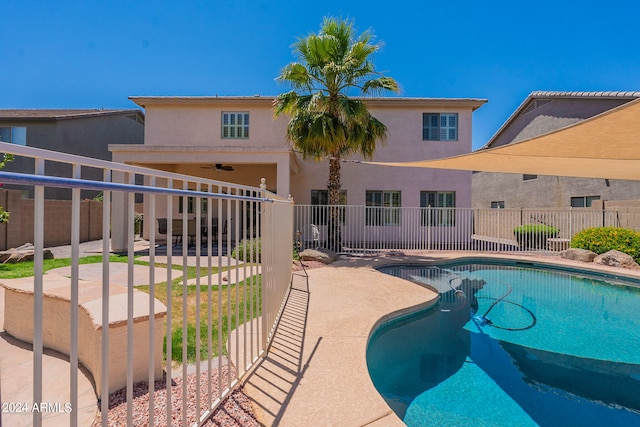 view of swimming pool with a patio area and ceiling fan