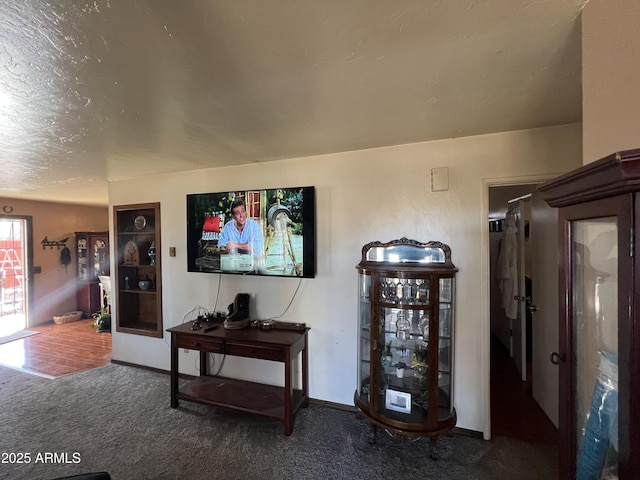 living room with dark carpet