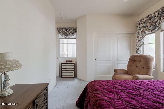 bedroom featuring carpet, a closet, and baseboards