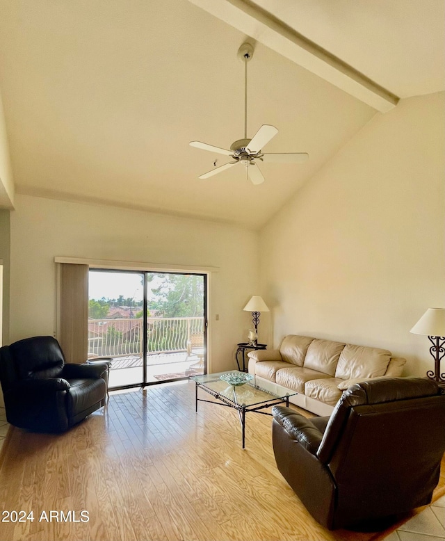 living room with light wood-type flooring, ceiling fan, high vaulted ceiling, and beam ceiling