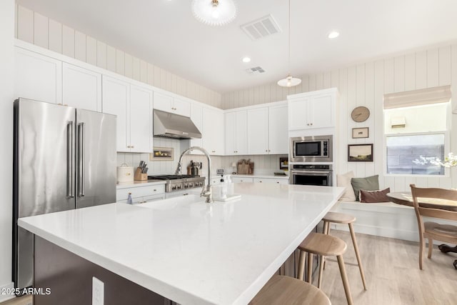 kitchen featuring under cabinet range hood, appliances with stainless steel finishes, light wood-style flooring, and visible vents