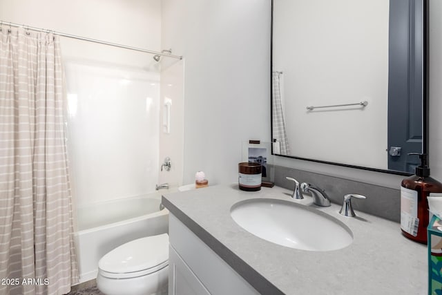 bathroom featuring shower / bath combo with shower curtain, toilet, and vanity