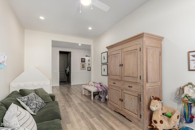 interior space featuring recessed lighting, light wood finished floors, and ceiling fan
