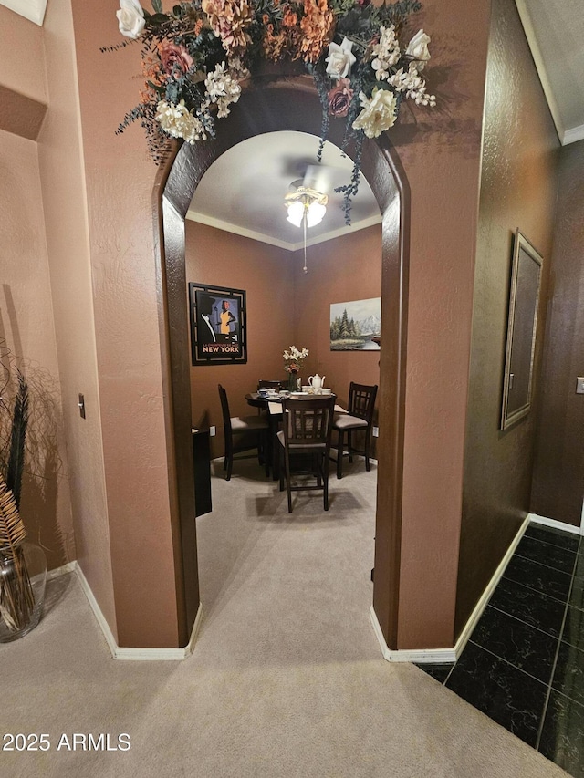 corridor with ornamental molding and carpet flooring