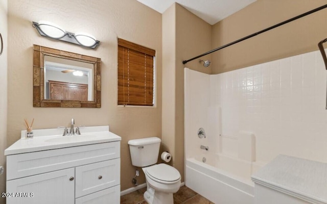 full bathroom featuring tile patterned flooring, vanity,  shower combination, and toilet