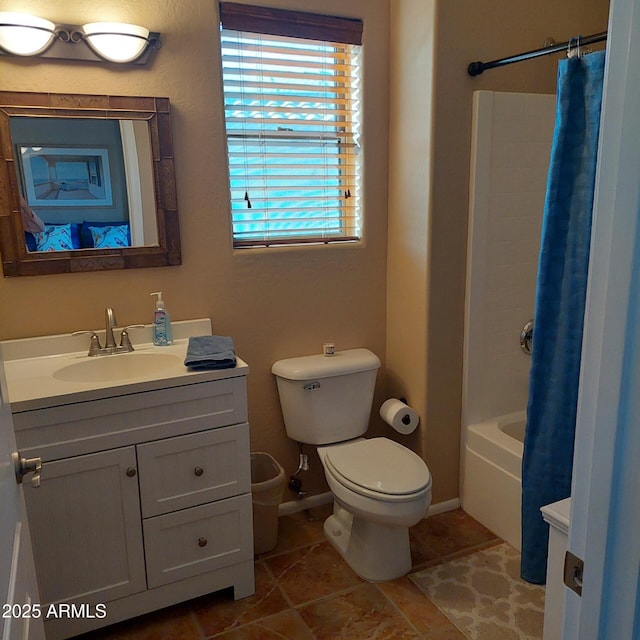 full bathroom with vanity, tile patterned flooring, shower / bathtub combination with curtain, and toilet