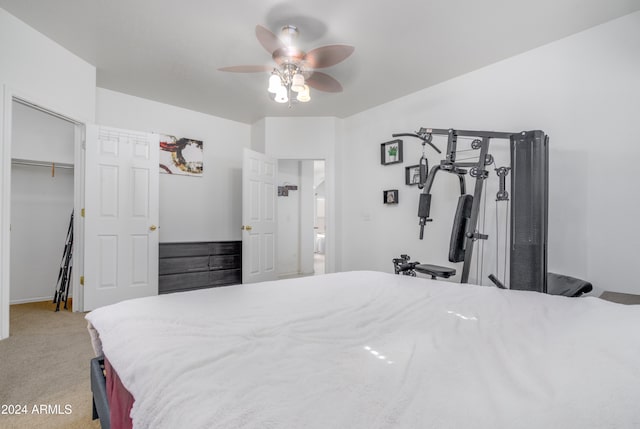 bedroom with light colored carpet and ceiling fan